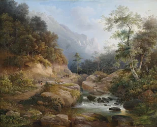 Bergachtig rivierlandschap met figuren
